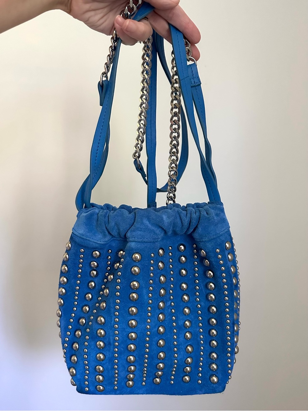 Sam Edelman Savile Leather Crossbody Shoulder Purse Blue Suede Silver Studded